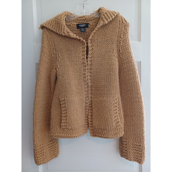 Vintage Express handknit chunky cardigan womens XS mustard woolblend retro boho - Picture 1 of 15